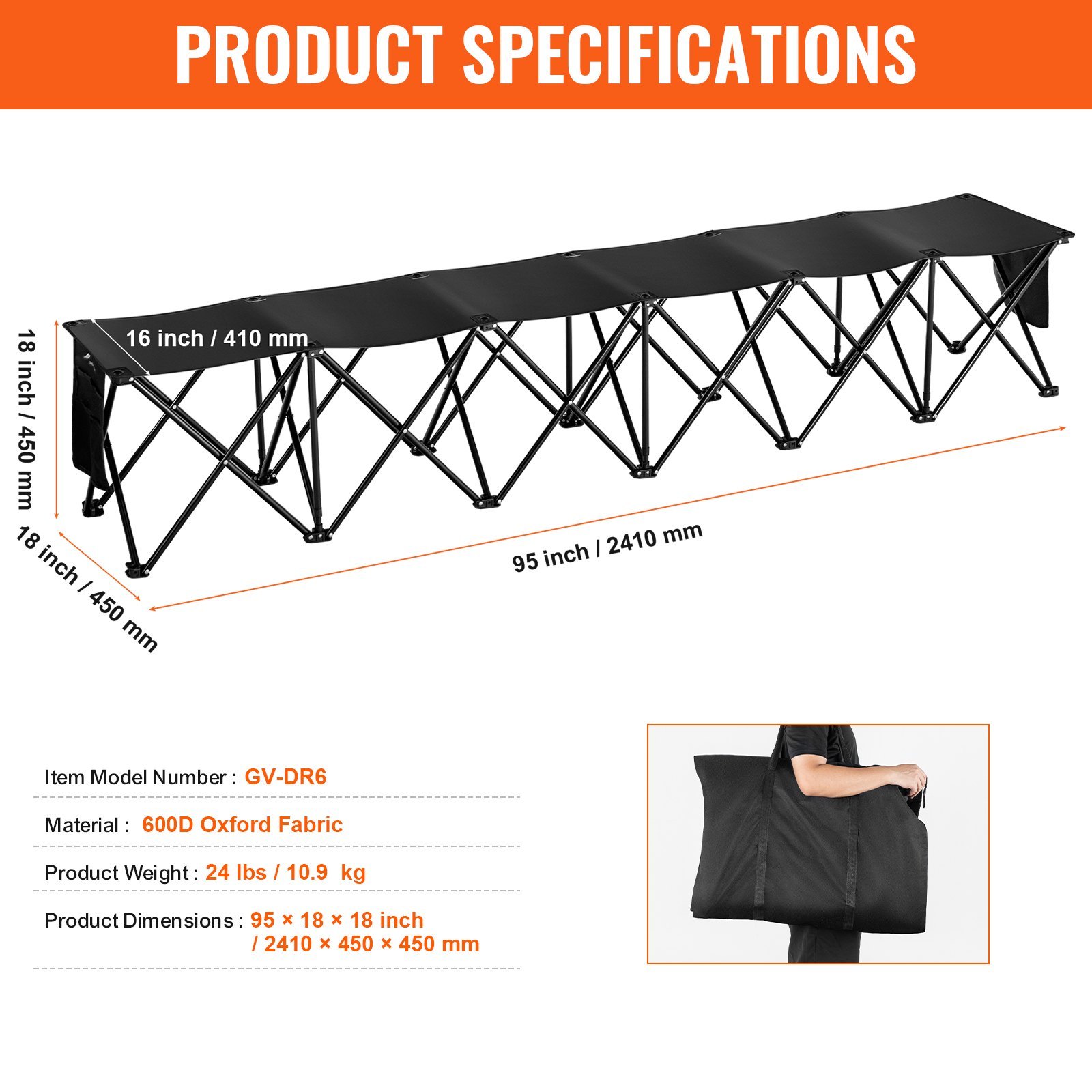 VEVOR 6 Seat Portable Folding Sport Bench Outdoor Camping Chair With Carry Bag - Image 3